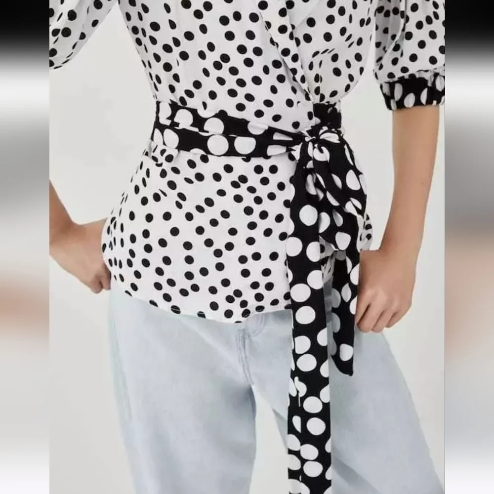 Zara TRF Viral Polka Dot Wrap Blouse with 3/4 Puff Sleeves